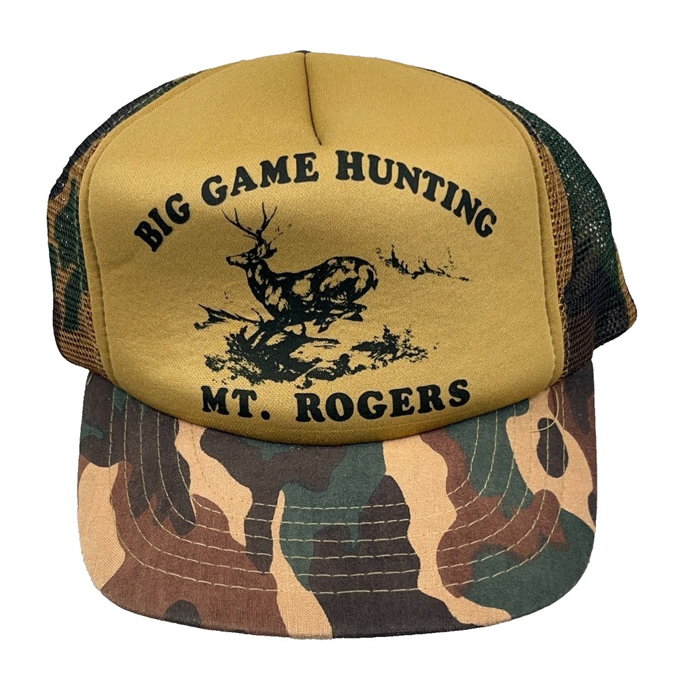 Vintage Mt Rogers Big Game Hunting Trucker Hat Camo Deer Buck 90s Snapback Cap